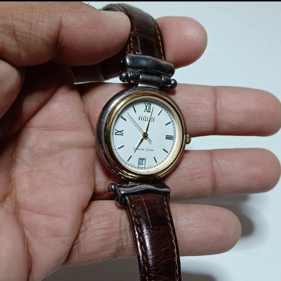 Sterling Silver - ECCLISSI Brown Leather 9" Adjustable Watch Bracelet ticking - Picture 4 of 6